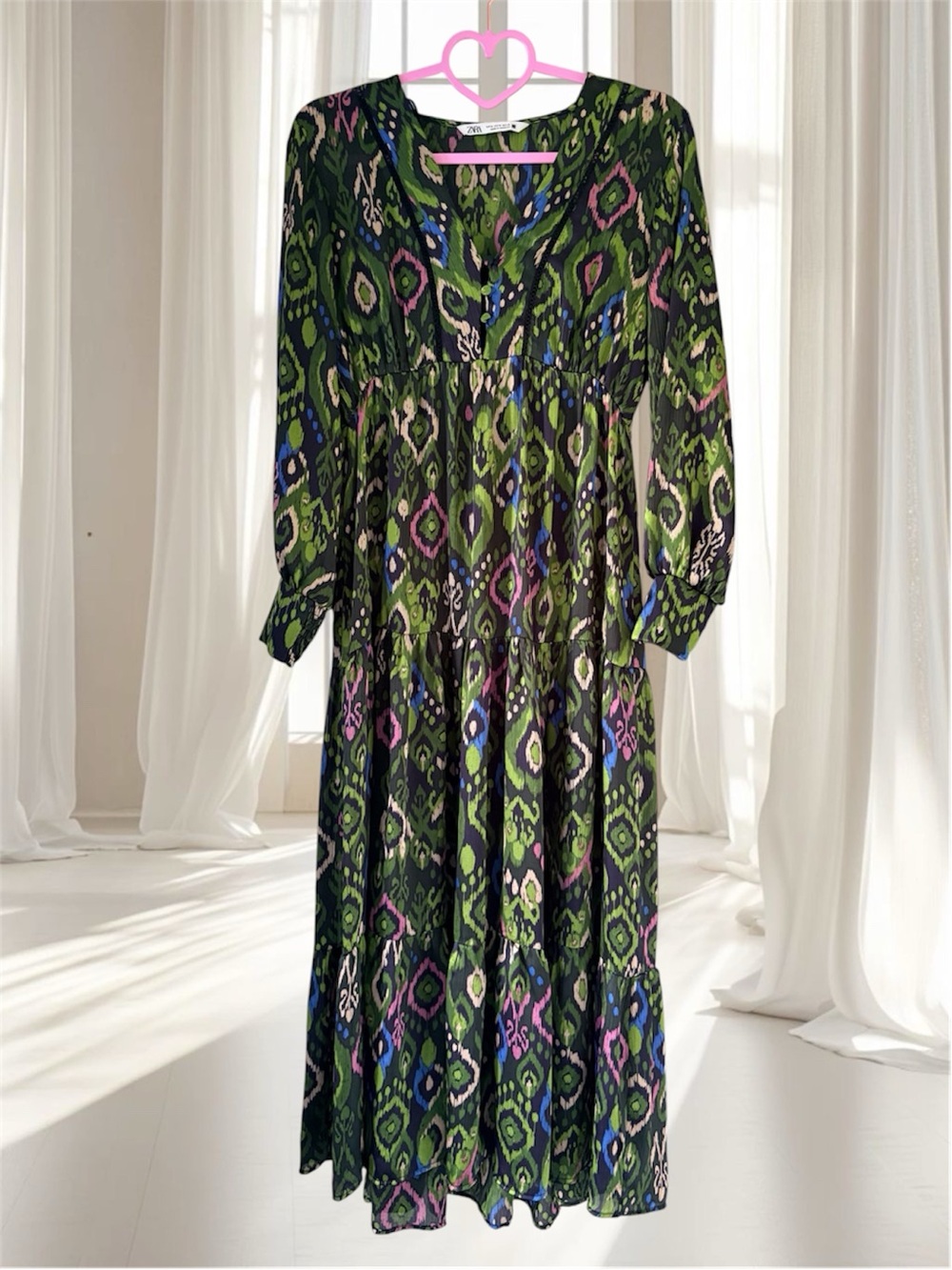 Zara Green Satin Printed Ikat Dress Size M
